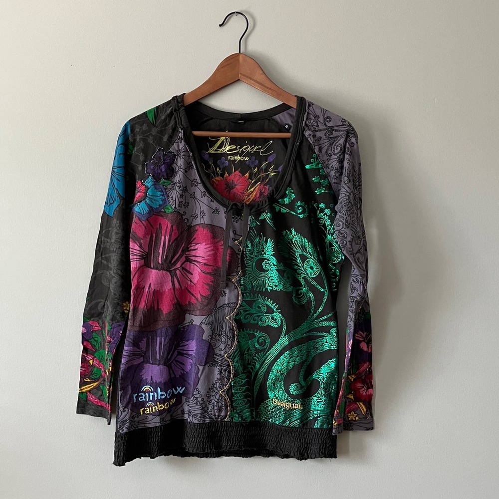 Desigual Grey and Multicolor Floral Long Sleeve Tee
